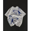 Unisex Bisiklet Yaka Baskılı Oversize T-Shirt - Beyaz