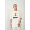 Unisex Bisiklet Yaka Baskılı Oversize T-Shirt - Beyaz