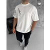 Unisex Bisiklet Yaka Baskılı Oversize T-Shirt - Beyaz