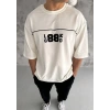Unisex Bisiklet Yaka Baskılı Oversize T-Shirt - Beyaz