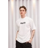 Unisex Bisiklet Yaka Baskılı Oversize T-Shirt - Beyaz