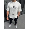 Unisex Bisiklet Yaka Baskılı Oversize T-Shirt - Beyaz