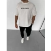 Unisex Bisiklet Yaka Baskılı Oversize T-Shirt - Beyaz