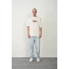 Unisex Bisiklet Yaka Baskılı Oversize T-Shirt - Beyaz