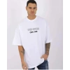Unisex Bisiklet Yaka Baskılı Oversize T-Shirt - Beyaz