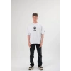 Unisex Bisiklet Yaka Baskılı Oversize T-Shirt - Beyaz