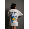 Unisex Bisiklet Yaka Baskılı Oversize T-Shirt - Beyaz