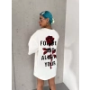 Unisex Bisiklet Yaka Baskılı Oversize T-Shirt - Beyaz