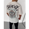 Unisex Bisiklet Yaka Baskılı Oversize T-Shirt - Beyaz
