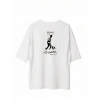 Unisex Bisiklet Yaka Baskılı Oversize T-Shirt - Beyaz