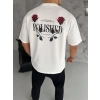 Unisex Bisiklet Yaka Baskılı Oversize T-Shirt - Beyaz