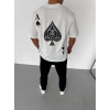 Unisex Bisiklet Yaka Baskılı Oversize T-Shirt - Beyaz