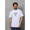 Unisex Bisiklet Yaka Baskılı Oversize T-Shirt - Beyaz