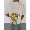 Unisex Bisiklet Yaka Baskılı Oversize T-Shirt - Beyaz