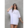 Unisex Bisiklet Yaka Baskılı Oversize T-Shirt - Beyaz