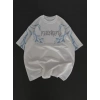 Unisex Bisiklet Yaka Baskılı Oversize T-Shirt - Beyaz