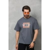 Unisex Bisiklet Yaka Baskılı Oversize T-Shirt - Füme