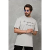 Unisex Bisiklet Yaka Baskılı Oversize T-Shirt - Gri