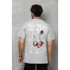 Unisex Bisiklet Yaka Baskılı Oversize T-Shirt - Gri