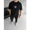 Unisex Bisiklet Yaka Baskılı Oversize T-Shirt - Siyah