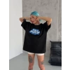 Unisex Bisiklet Yaka Baskılı Oversize T-Shirt - Siyah