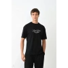 Unisex Bisiklet Yaka Baskılı Oversize T-Shirt - Siyah