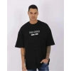Unisex Bisiklet Yaka Baskılı Oversize T-Shirt - Siyah