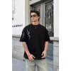 Unisex Bisiklet Yaka Baskılı Oversize T-Shirt - Siyah