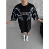 Unisex Bisiklet Yaka Baskılı Oversize T-Shirt - Siyah