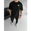 Unisex Bisiklet Yaka Baskılı Oversize T-Shirt - Siyah