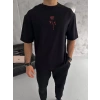 Unisex Bisiklet Yaka Baskılı Oversize T-Shirt - Siyah