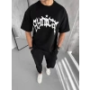 Unisex Bisiklet Yaka Baskılı Oversize T-Shirt - Siyah