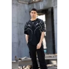 Unisex Bisiklet Yaka Baskılı Oversize T-Shirt - Siyah