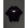 Unisex Bisiklet Yaka Baskılı Oversize T-Shirt - Siyah