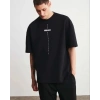 Unisex Bisiklet Yaka Baskılı Oversize T-Shirt - Siyah