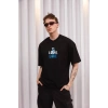 Unisex Bisiklet Yaka Baskılı Oversize T-Shirt - Siyah