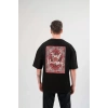 Unisex Bisiklet Yaka Baskılı Oversize T-Shirt - Siyah