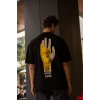 Unisex Bisiklet Yaka Baskılı Oversize T-Shirt - Siyah