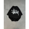 Unisex Bisiklet Yaka Baskılı Oversize T-Shirt - Siyah