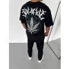 Unisex Bisiklet Yaka Baskılı Oversize T-Shirt - Siyah