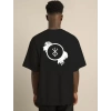 Unisex Bisiklet Yaka Baskılı Oversize T-Shirt - Siyah