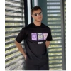 Unisex Bisiklet Yaka Baskılı Oversize T-Shirt - Siyah