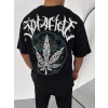 Unisex Bisiklet Yaka Baskılı Oversize T-Shirt - Siyah