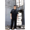 Unisex Bisiklet Yaka Baskılı Oversize T-Shirt - Siyah