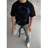 Unisex Bisiklet Yaka Baskılı Oversize T-Shirt - Siyah
