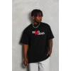 Unisex Bisiklet Yaka Double Oversize Baskılı T-Shirt - Siyah
