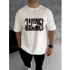 Unisex Bisiklet Yaka Katlanan Baskılı T-Shirt - Beyaz