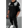 Unisex Flok Kabartma Baskılı T-Shirt - Siyah