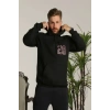 Unisex Kapşonlu Baskılı Sweetshirt - Siyah