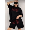 Unisex Nakış İşlemeli Şort Takım - Siyah